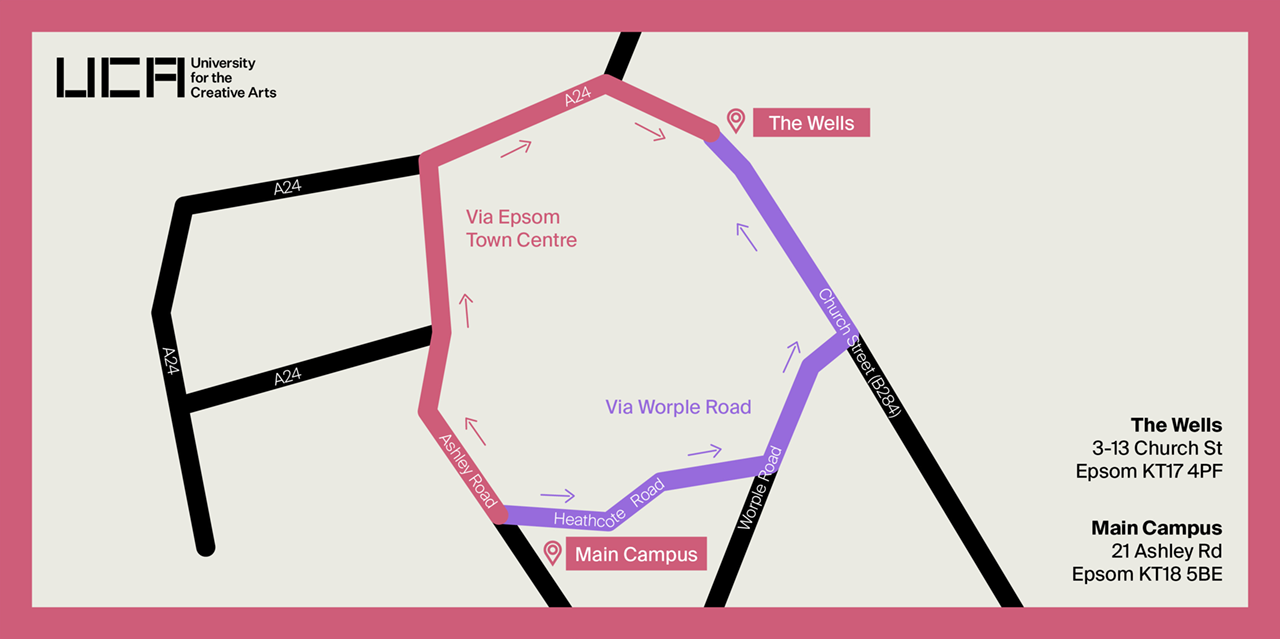 Map of directions between The Wells (3-13 Church Street, Epsom, KT17 4PF) and the main UCA Espom campus (21 Ashley Road, Epsom, KT18 5BE)