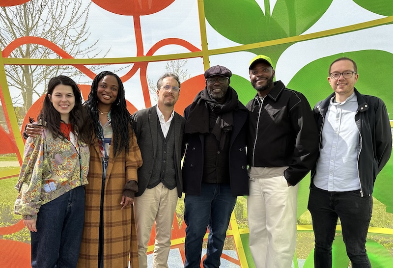 (L-R): Mihaela Yankova, Aishat Bello, Pro Vice-Chancellor Profesor Terry Newman, sound artist Peter Adjaye, Yinka Ilori MBE, Daniel Tollady Interiors Lecturer